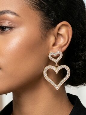 Source Unknown Gold Heart Drop Earrings with Rhinestone